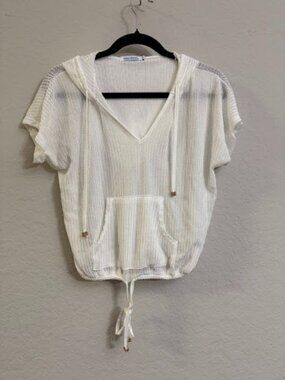 Blue Island White Knit Swim Cover-Up Set - Hooded Top & Shorts, Medium Like New